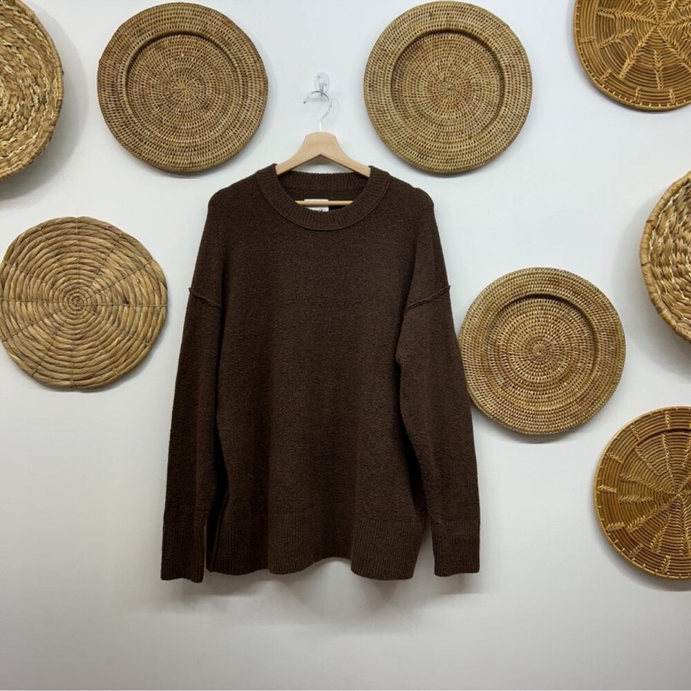 Aerie Neutral Minimalist Dark Brown Super Soft Oversized Crew Neck Sweater Small